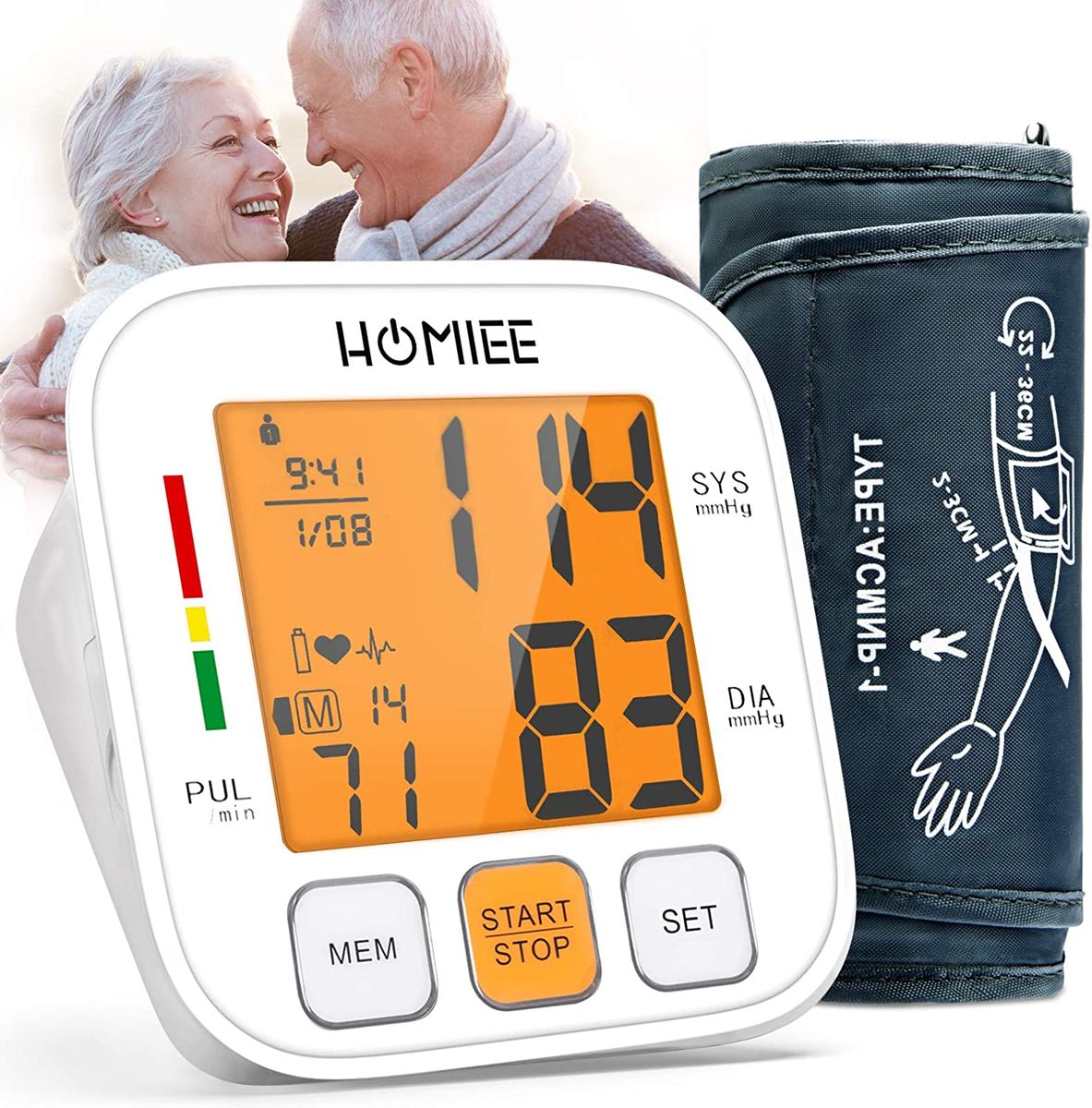 HOMIEE Upper Arm Blood Pressure Monitor, Digital Automatic Blood Pressure Monitor and Pulse Measurement, Blood Pressure Gauges with Heart Rate Display and Backlight Large LED Screen A-White