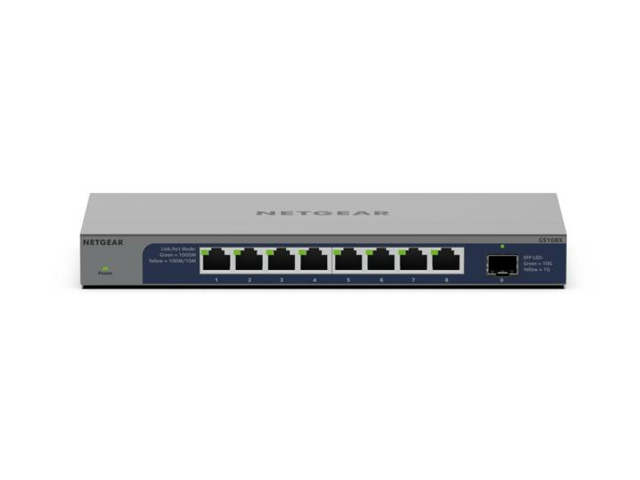 NETGEAR GS108X Unmanaged L2 8-Port Gigabit Switch, 1x SFP, 10G-Unterstützung, 36 Gbit/s, Grau, DC 12V