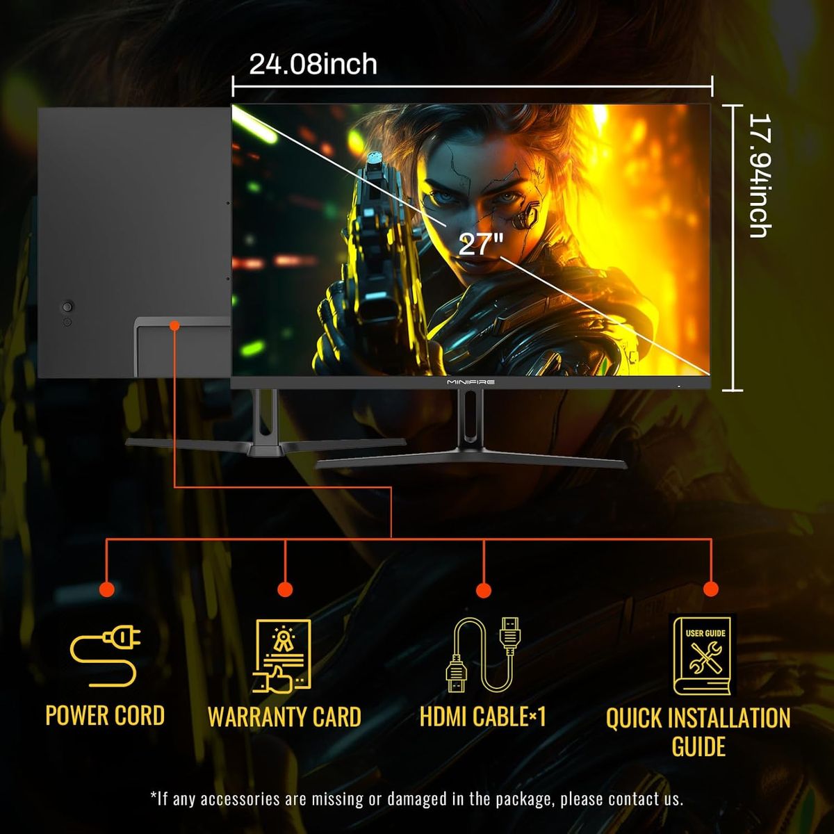 Minifire Gaming Monitor 27 Zoll, 180Hz, 1ms, AdaptiveSync, IPS, 2xHDMI 2.0/1xDP 1.4 Ports, FHD, sRGB 110%