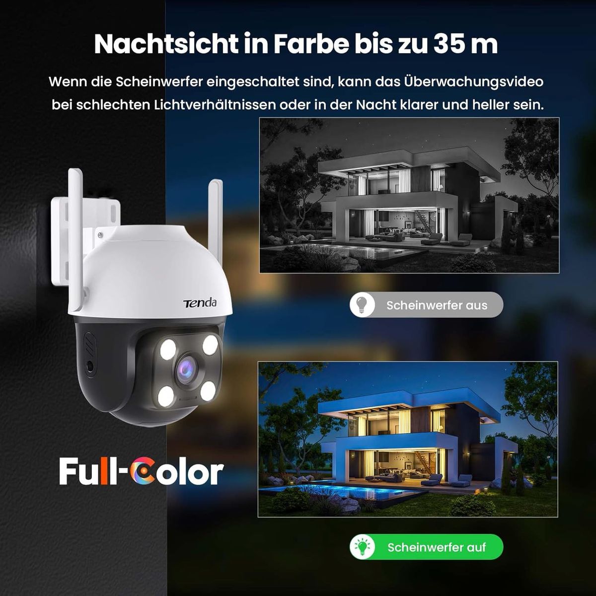 Tenda Überwachungskamera Aussen WLAN 2K+, Fahrzeug-/Personen-/Bewegungserkennung, WLAN Kamera Outdoor 4MP mit Nachtsicht in Farbe, 2-Wege Audio, Ton- und Lichtalarm, APP/Web-Steuerung, CH7 CH7| 2K+