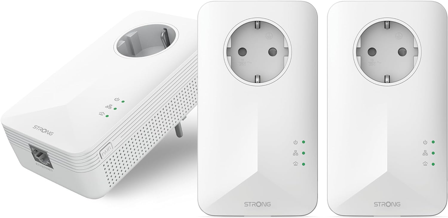 STRONG Powerline 1000 Triple Pack, PowerLAN-Adapter Set mit 3 Stück, 100 Mbit/s, Hochgeschwindigkeits-Netzwerk für das ganze Haus, Ethernet LAN Anschluss, Internetverbindung über Steckdose