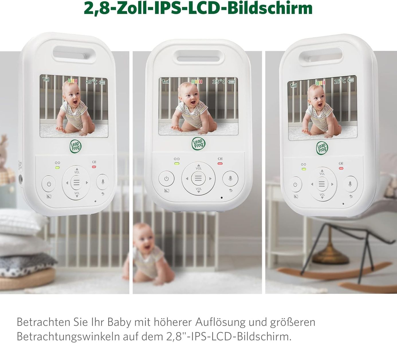 LeapFrog LF2423 Babyphone mit Kamera, 2,8" IPS-Display, 720p, Nachtsicht, 2x Zoom, Temperatursensor, Geräuschaktivierung, Gegensprechanlage, Lange Akkulaufzeit, EU
