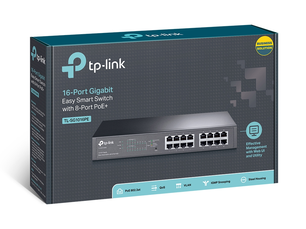 TP-Link TL-SG1016PE(UN) V2.0 16-Port Gigabit Easy Smart Switch, 8x PoE+ (124W), Managed L2, Web-Management, 1U Rack/Desktop