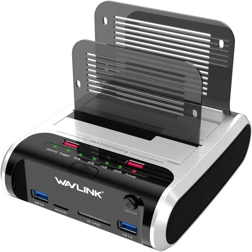 WAVLINK USB 3.0 zu SATA mit Offline Klonfunktion,Dual-Bay externe Festplatten Dockingstation für 2,5" und 3,5" SATA I/II/III HDD/SSD, Unterstützt UASP und 2 x 10 TB Laufwerke, USB 3.0 SD & TF-Leseschlitz