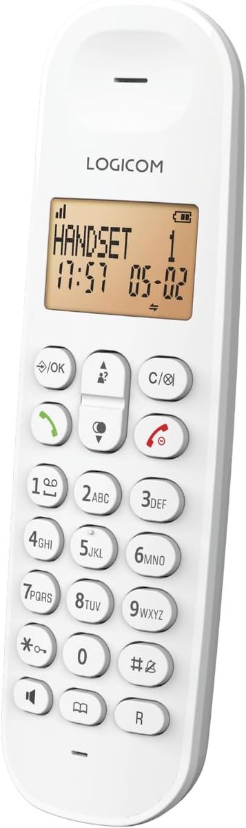 LOGICOM Schnurloses Festnetztelefon Iloa 150 Weiß, analoge und DECT-Telefone, 7 Std. Sprechzeit, 50 Kontakte, 10 Klingeltöne, Freisprecheinrichtung, Tastatursperre, Alarm
