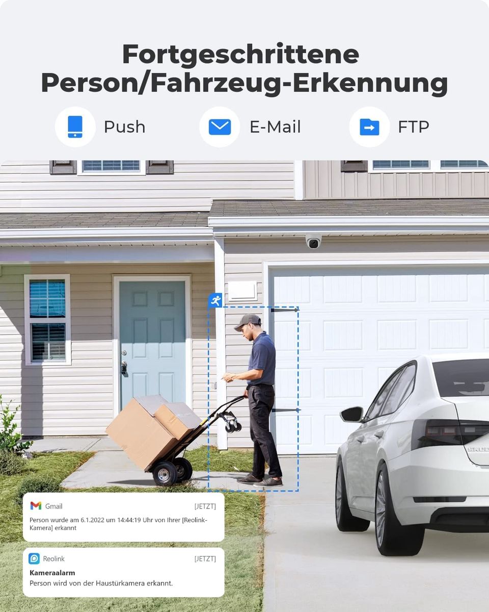 Reolink 5MP PoE IP Kamera Outdoor Personen-/Autoerkennung Überwachungskamera Aussen Zeitraffer IR Nachtsicht Wasserfest Micro SD Kartensteckplatz，RLC-520A 5mp Kamera