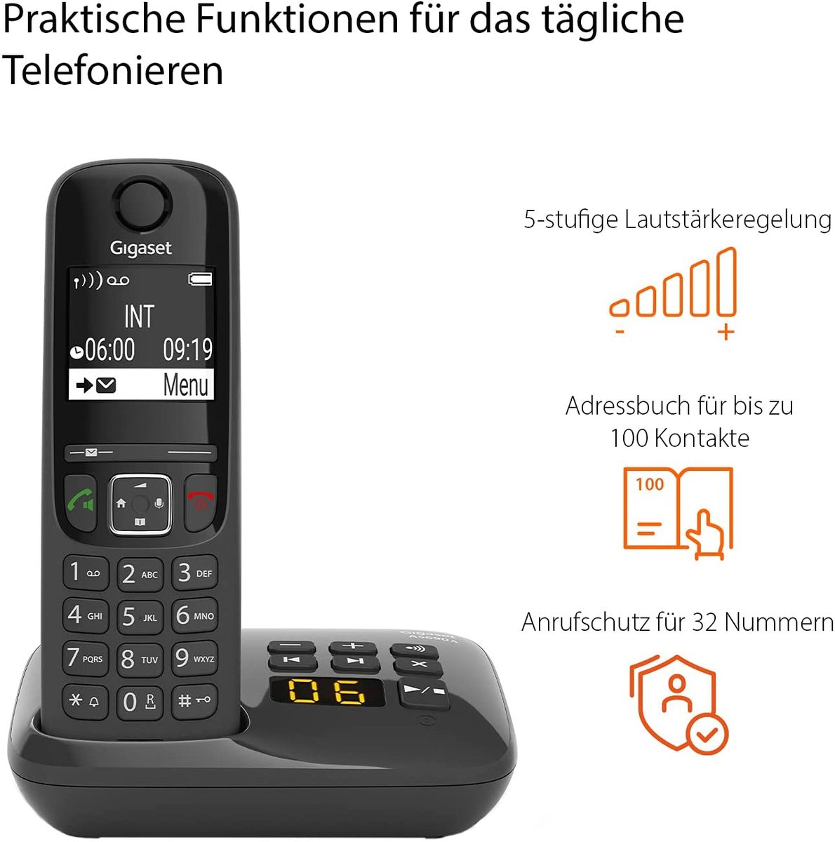 Gigaset 83167 AS690A Quattro 4 Schnurlose Telefone Anrufbeantworter -großes kontrastreiches Display -brillante Audioqualität -einstellbare Klangprofile -Freisprechfunktion -Anrufschutz,schwarz AS690A 4 Telefone AB