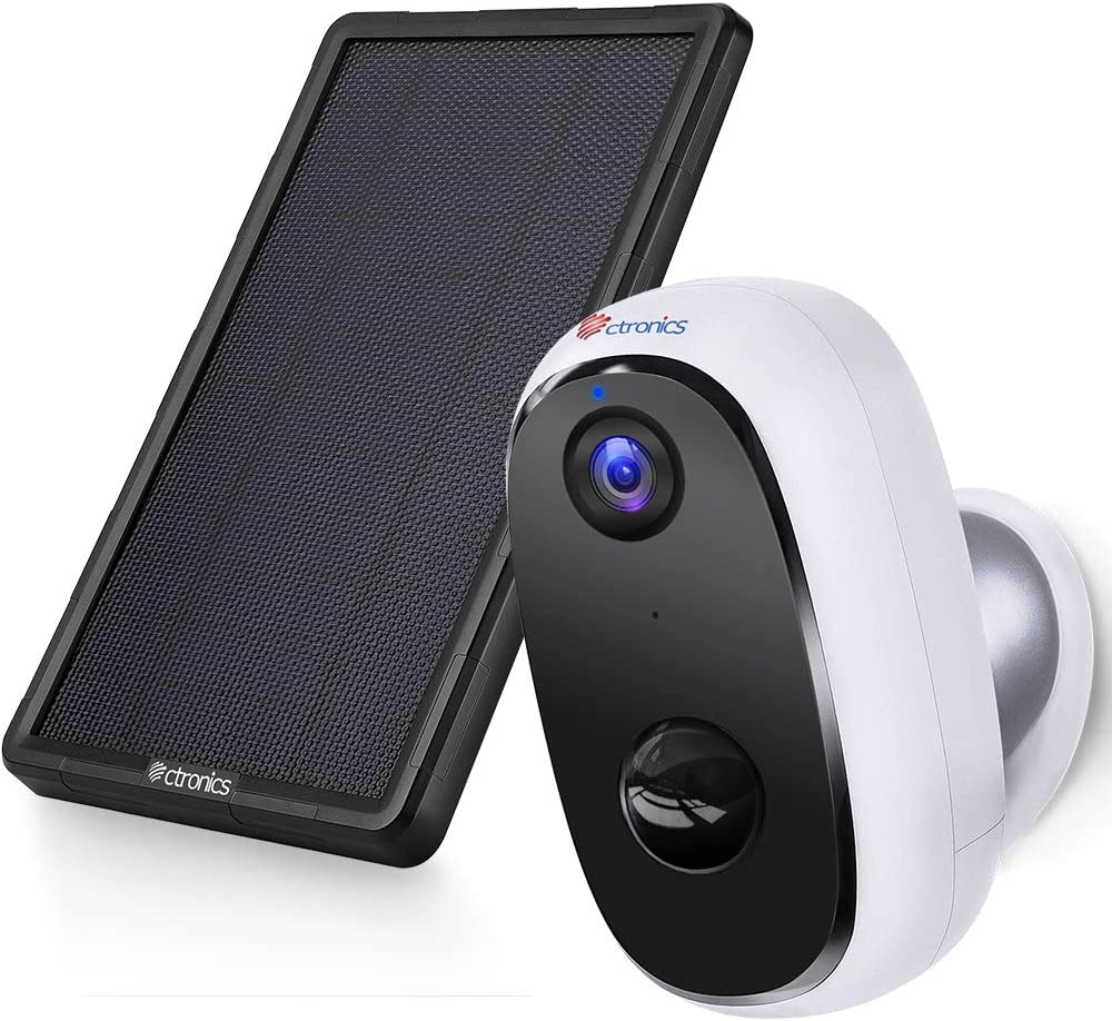 Ctronics CCTV Camera Outdoor Battery with Solar Panel, WLAN IP Camera Outdoor 10000 mAh Wireless 1080P, PIR Motion Detection, 2-Way Audio, Night Vision, Integrated SD Slot, IP66 Waterproof