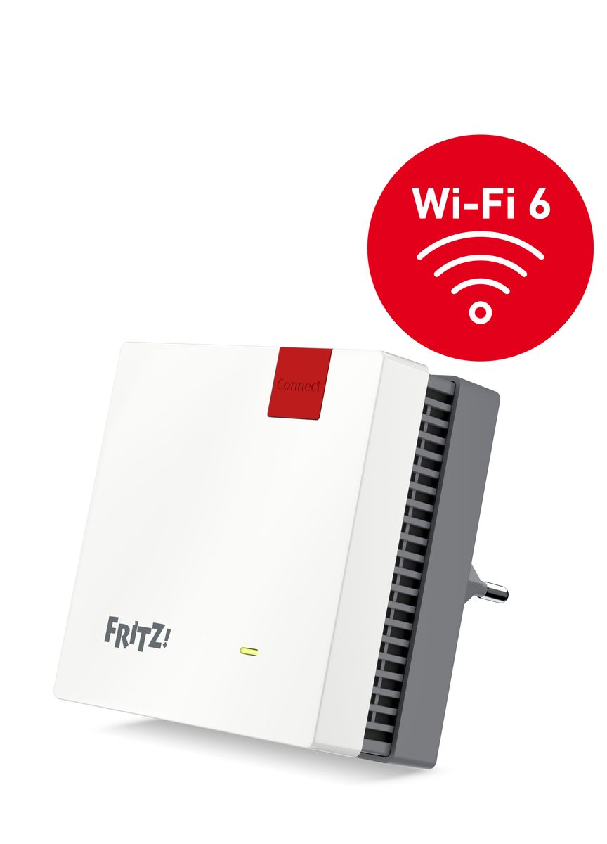 AVM FRITZ!Repeater 1200 AX (Wi-Fi 6 Repeater) ausgestattet mit zwei Funkeinheiten: 5-GHz-Band (bis 2.400 Mbit/s), 2,4-GHz-Band (bis 600 Mbit/s), deutschsprachige Version), Weiss Wi-Fi Repeater