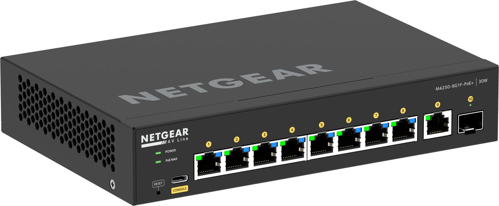 NETGEAR AV Line M4250-9G1F-PoE+ vollständig verwalteter Desktop-Switch (GSM4210PD)
