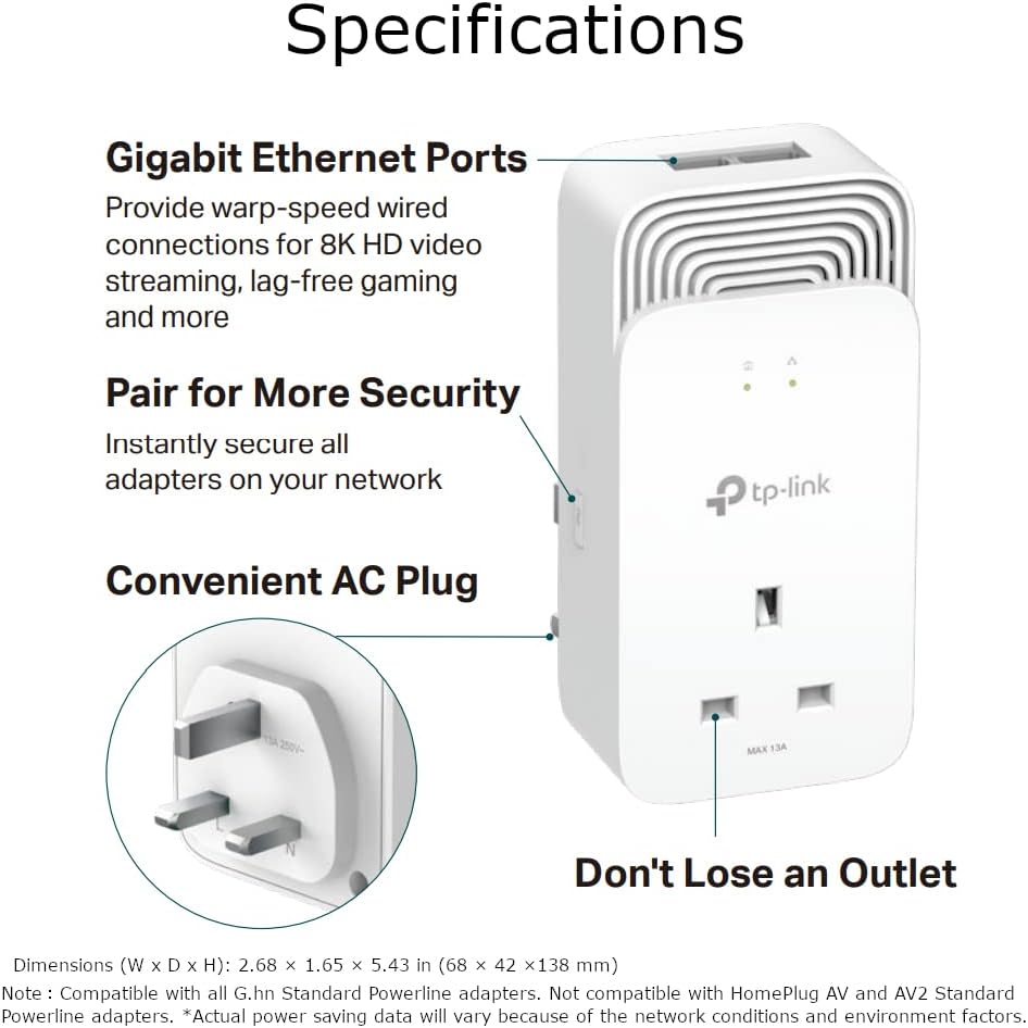 TP-Link PG2400P KIT Powerline-Adapter mit Durchgangssteckdose Typ G (UK), 1428 Mbit/s, 300 m Reichweite, Weiß, 2er-Pack