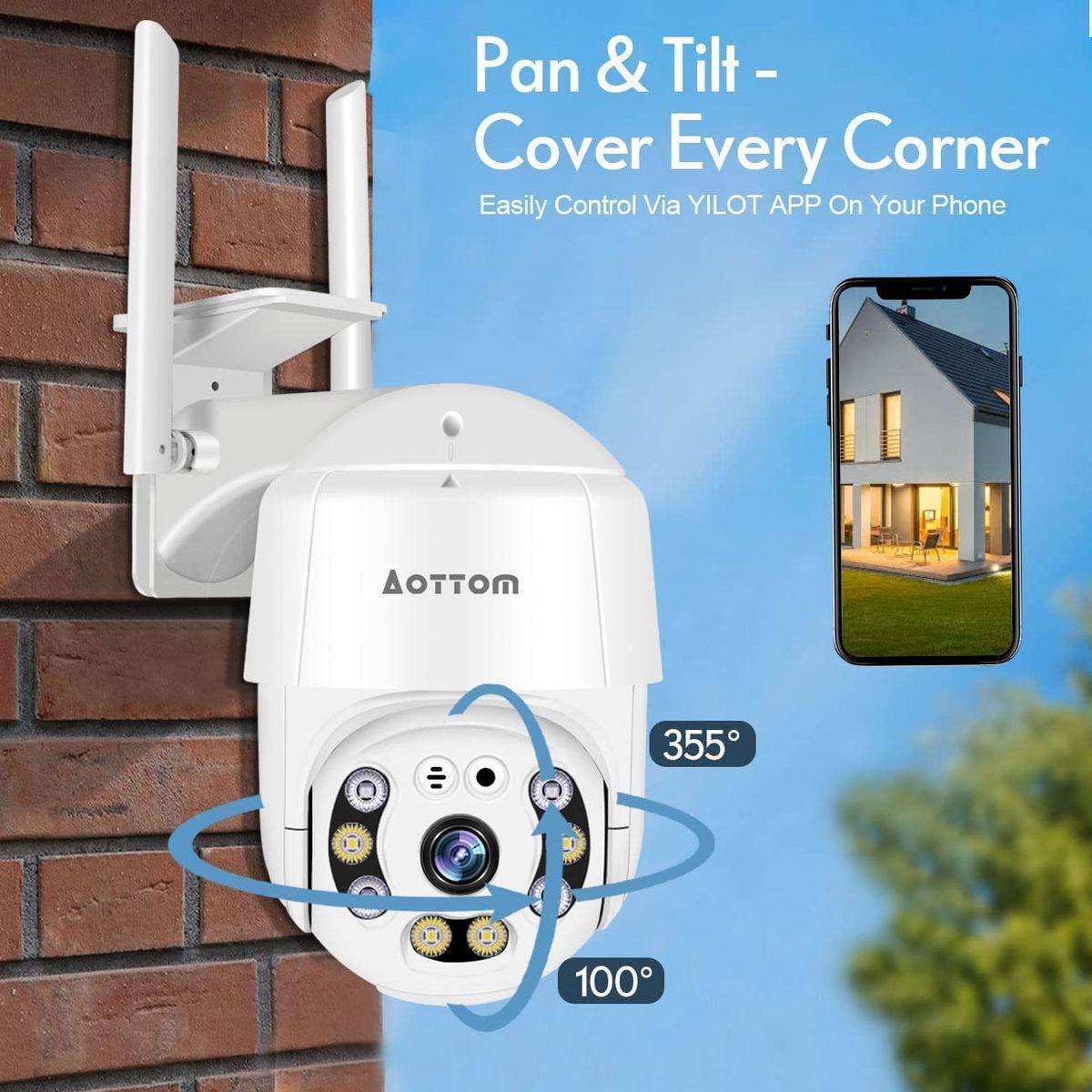 Aottom Überwachungskamera Aussen 1080P WLAN IP Kamera Outdoor PTZ Dome Kamera Sicherheitskamera Bewegungsmelder 40m Nachtsicht 2-Wege-Audio IP66 Wasserdicht APP YI Lot SD KartenslotMAX.128 GB