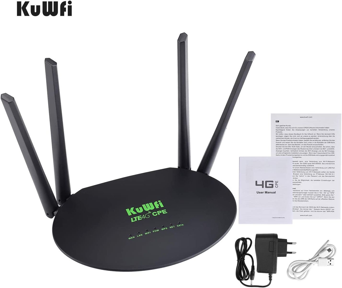 KuWFi Router 4G LTE WLAN CPE 4G LTE entsperrt 300 Mbit/s Slot für SIM-Karte 4 Stück leistungsstarke WiFi-Antenne nicht abnehmbar Cat4 150 Mbps Wi-Fi teilen 32 Benutzer