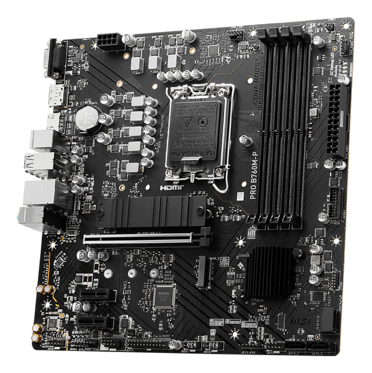 MSI PRO B760M-P Mainboard Intel B760 LGA 1700 micro-ATX, DDR5, 4x DIMM, 192 GB, 6x SATA III, PCIe 4.0 x16, HDMI 1.4, DP 1.4, Realtek Gigabit LAN, 7.1 Audio