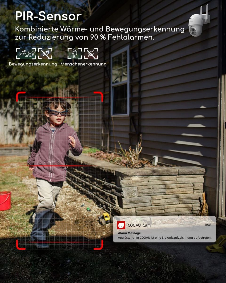 COOAU 2K Überwachungskamera Aussen Akku, 355°/90° Schwenkbar, Kabellose WLAN IP Kamera Outdoor mit Nachtsicht in Farbe, Personen-/Bewegungserkennung, IP66 Wasserdicht, Cloud-Speicher 3MP - Weiß
