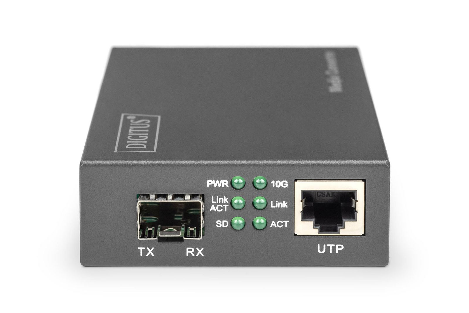 Digitus DN-82211 10 Gigabit Medienkonverter, 10G RJ45 & SFP, PoE, 5 V DC, 80 km Reichweite, Schwarz, EU