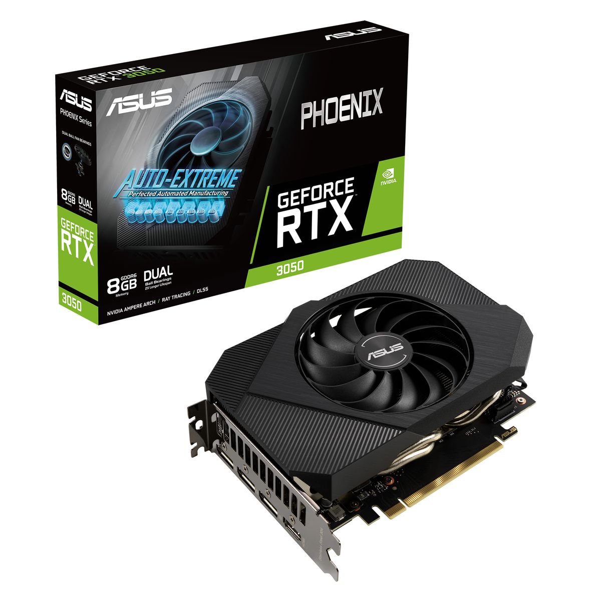ASUS Phoenix PH-RTX3050-8G GeForce RTX 3050 8 GB GDDR6, PCIe 4.0, HDMI 2.1, 3× DisplayPort 1.4a, 1777/1807 MHz, 8-pin