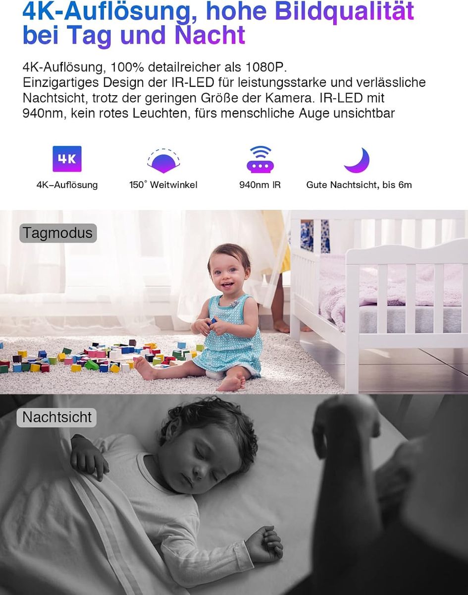 HiKam HI-WI-05Plus Mini Überwachungskamera, WLAN, Akku 2600 mAh, 4K/2K, Nachtsicht 6 m, Bewegungsmelder, App, Kompakt, Innen & Außen