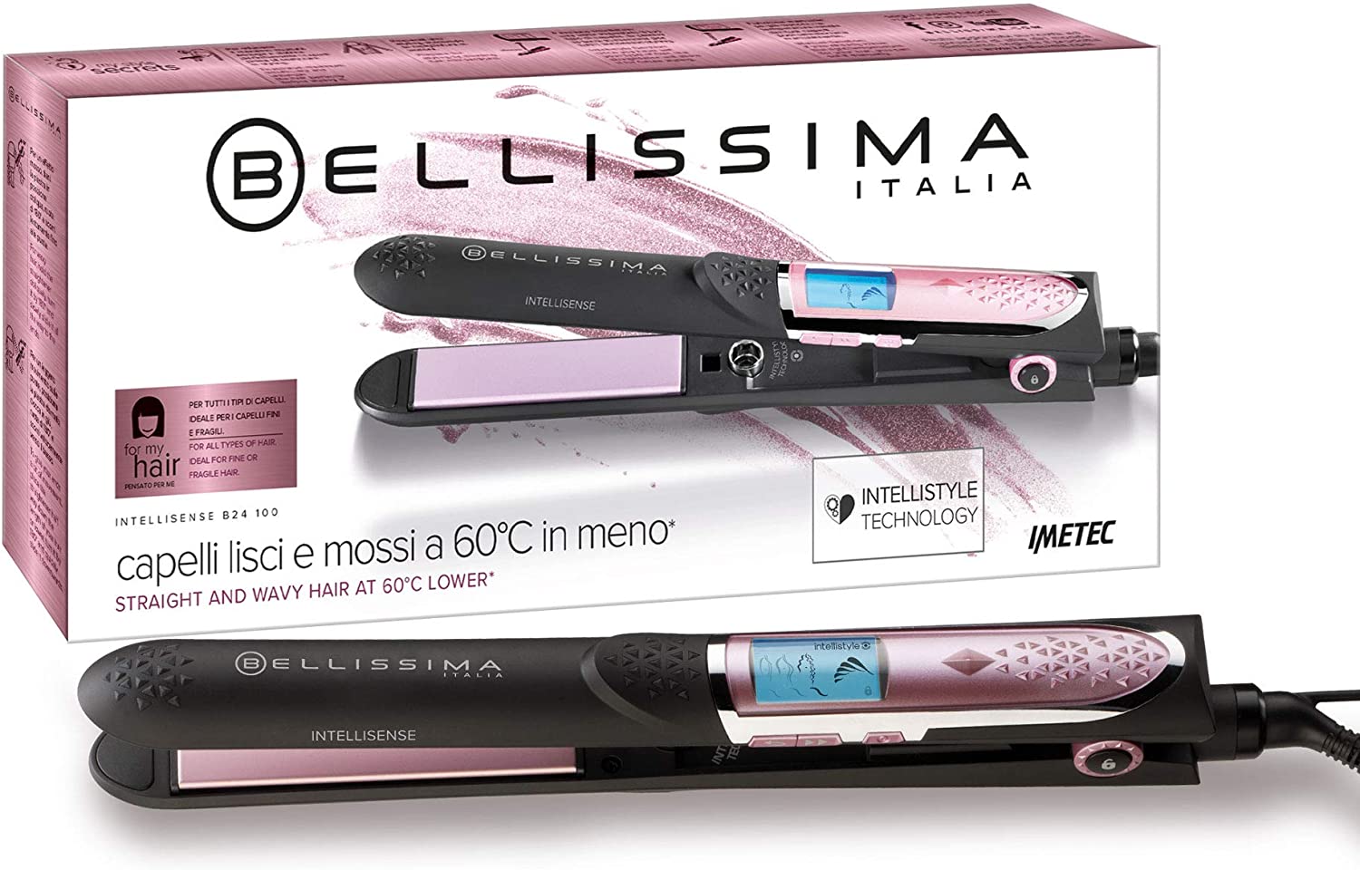 Imetec Bellissima Intellisense B24 100, straightener for straight and curly hair at 60 C less than conventional appliances, thanks to Intellistyle technology, hair straightener.