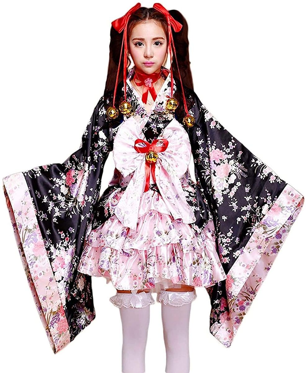 LABABE Französisches Dienstmädchen-Kostüm-Set,französisches Dienstmädchen,Halloween-Kostüm,Japanischer Kimono mit Kirschblütenmuster,Flower Sakura Druck Kimono Robe Yukata japanischen Kleid XL Rosa