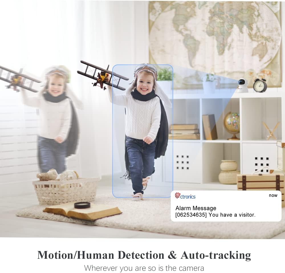 ctronics 5MP PTZ Überwachungskamera Innen WLAN, 2,4GHz/5GHz Dualband WiFi IP Kamera Indoor mit 355°/90° Schwenkbar, Bewegungs-/Menschenerkennung, Automatische Verfolgung, IR Nachtsicht, 2-Wege-Audio Weiß