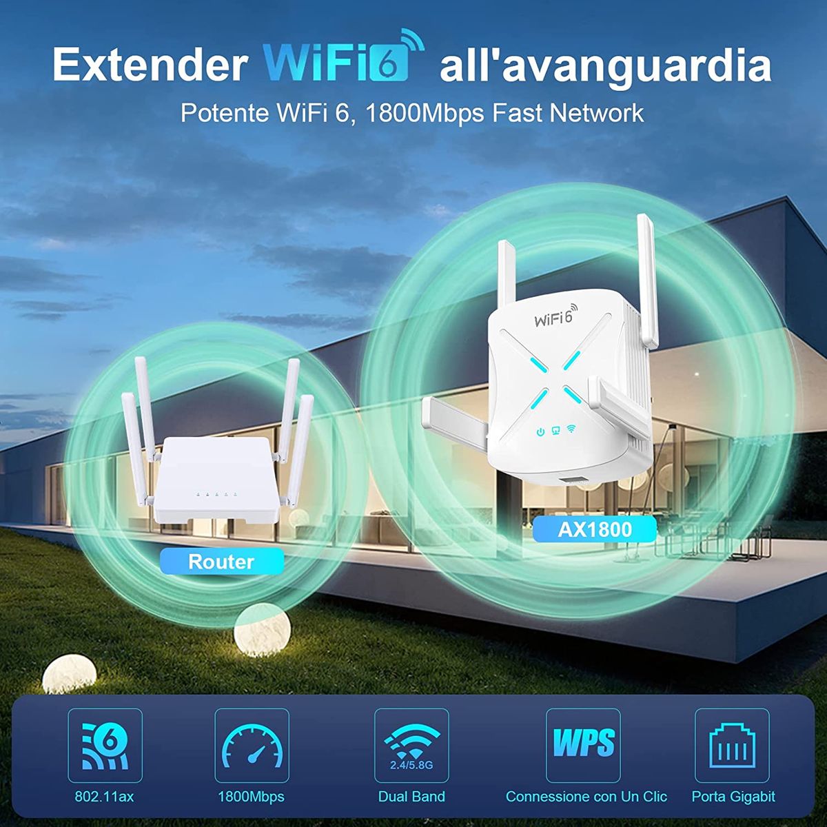 COTCLO Wi-Fi 6 Repeater Wi-Fi Extender 1800Mbps Dual Band 5G & 2.4G WLAN-Verstärker 1 Gigabit LAN/WPS/4 x 2dBi unterstützt Repeater/Router/AP Modus