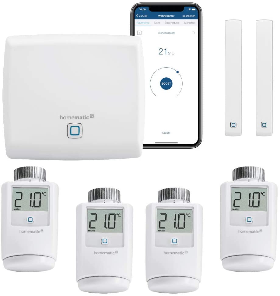 Homematic IP wireless heating control for individual room control with smartphone app. Contents: Central unit, 4 wireless radiator thermostats, 2 wireless door/window contacts. Save and feel good in your smart home.