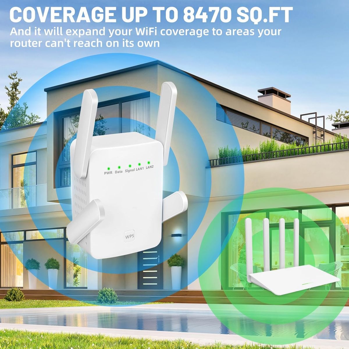 GOOPOOL YJJ-ZJQ-00 WLAN Repeater Dualband 1200 Mbit/s (2,4 & 5,8 GHz), 4x2 dBi Antennen, WPS, WLAN Extender, Weiß, EU Stecker