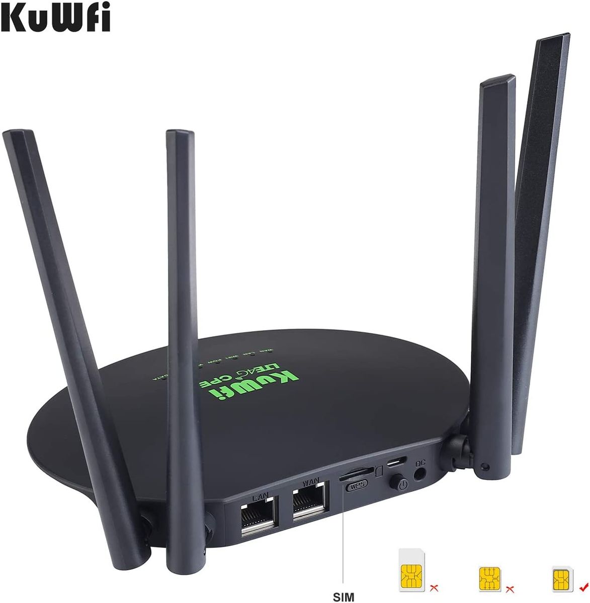 KuWFi Router 4G LTE WLAN CPE 4G LTE entsperrt 300 Mbit/s Slot für SIM-Karte 4 Stück leistungsstarke WiFi-Antenne nicht abnehmbar Cat4 150 Mbps Wi-Fi teilen 32 Benutzer