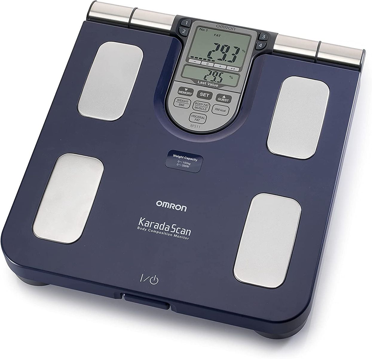 Omron Ganzkörperanalyse-Waage BF511 mit Hand-zu-Fuß-Messung, blau - misst Körperfett, Gewicht, Viszeralfett, Skelettmuskelmasse, Kaloriengrundumsatz und BMI, 1 stück Blau Dunkelblau Omron Ganzkörperanalyse-Waage BF511 mit Hand-zu-Fuß-Messung, blau - misst Körperfett, Gewicht, Viszeralfett, Skelettmuskelmasse, Kaloriengrundumsatz und BMI, 1 stück Blau Dunkelblau