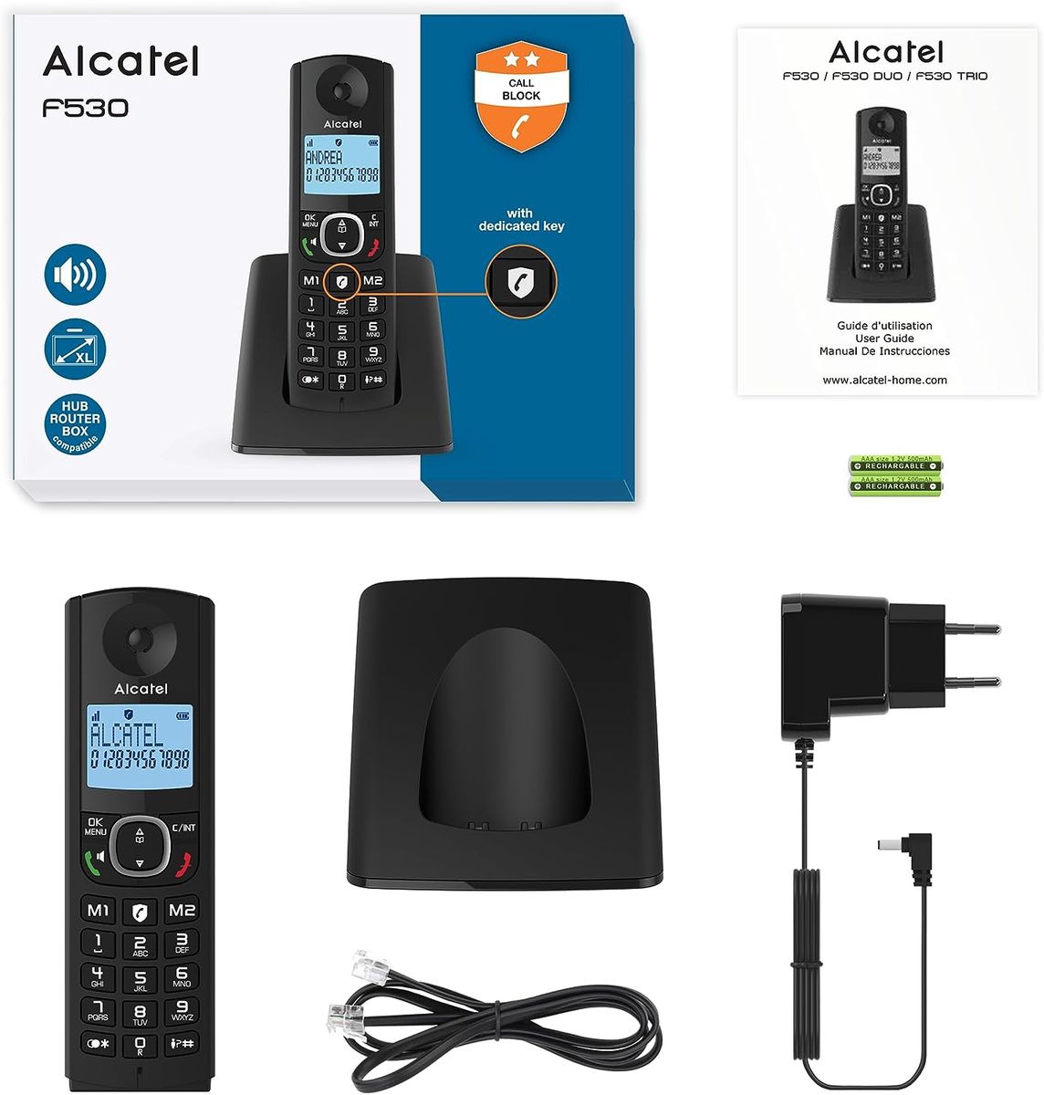 Alcatel F530 – Schnurloses Telefon mit erweiterter Anrufblockierung, Freisprecheinrichtung, großes beleuchtetes Display, VIP-Klingeltöne,10 Anrufmelodien, Schwarz