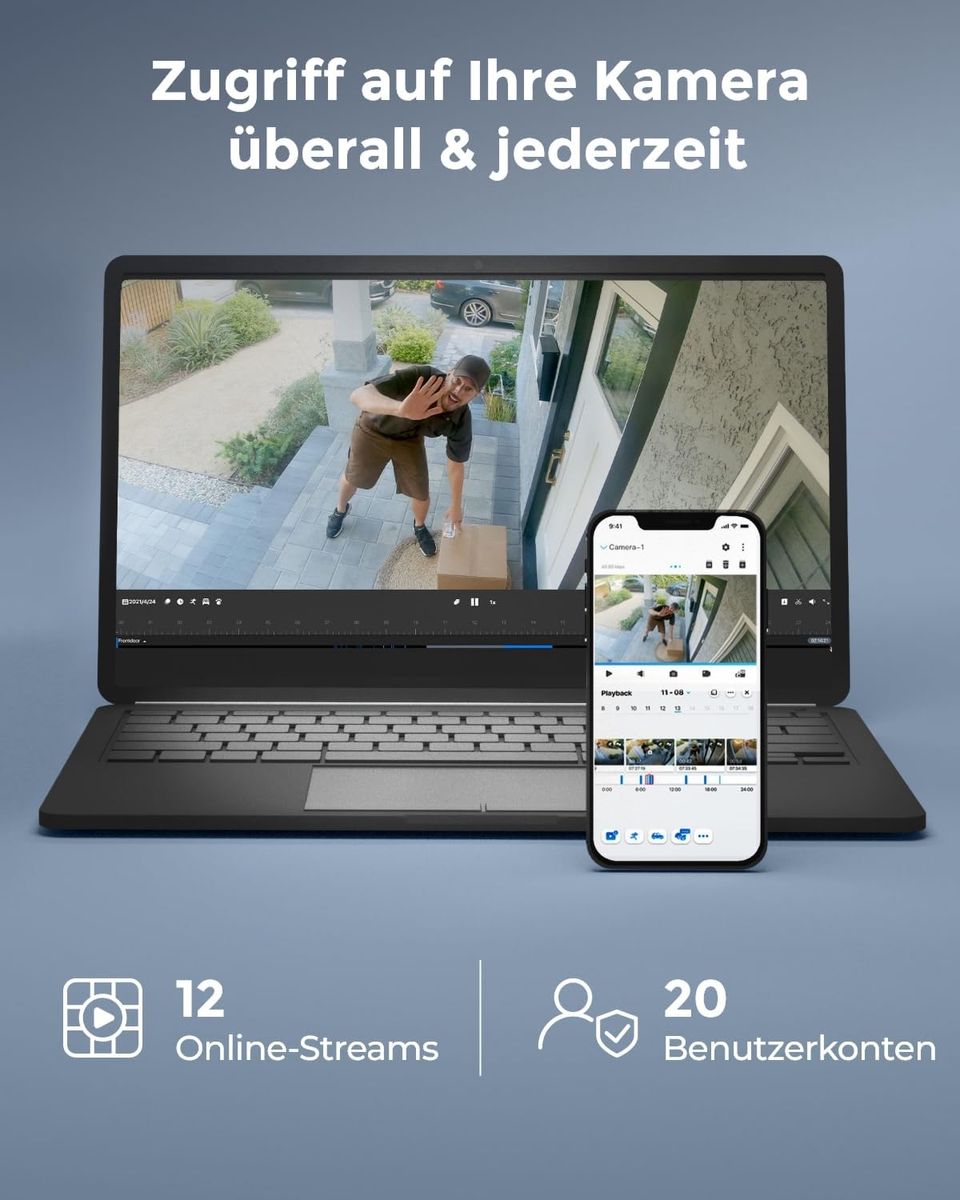 Reolink RLN12W 12CH WLAN NVR, Wi-Fi 6, Integrierte 2 TB HDD, 2,4/5 GHz, Für Reolink WLAN- & Akku-Kameras, Keine PoE-Ports, 24/7 Aufzeichnung, Schwarz