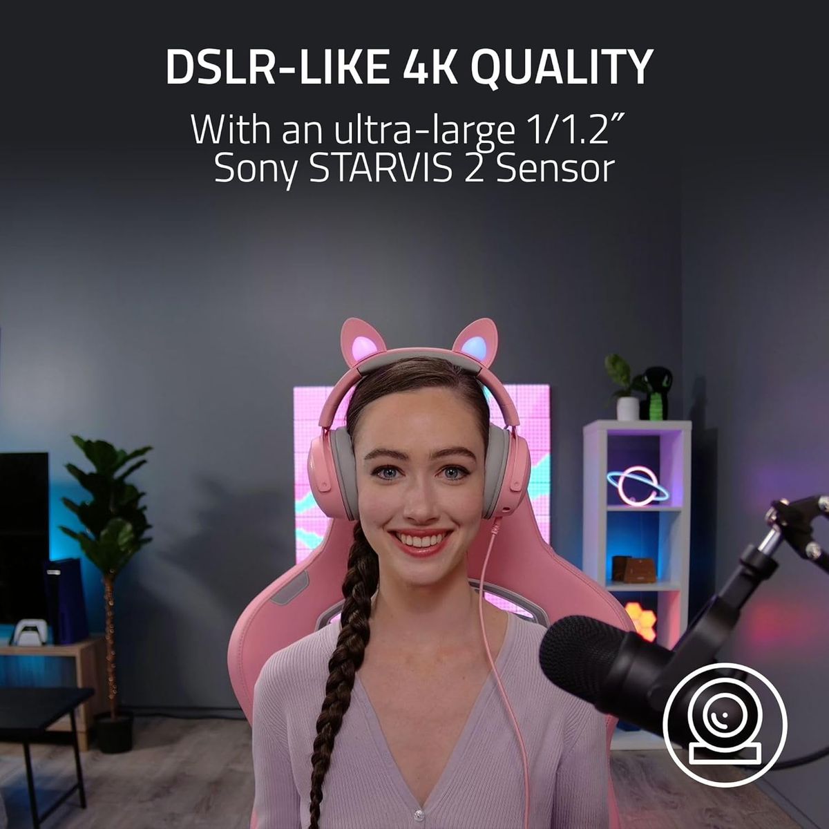 Razer Kiyo Pro Ultra 4K Webcam Großer Sensor Automatische Lichtkorrektur Eingebautes Mikrofon und Auslöser Pro Grade Content Creation, Streaming, Gaming, Videoanrufe Funktioniert mit OBS, Xsplit, PC