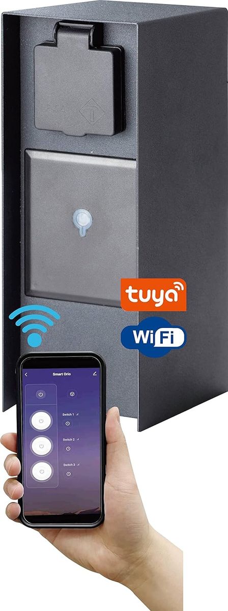 BOLD Orio smarte Aussen-Steckdose-Garten (Steckdosen-Säule) 3-Fach Stecker Anthrazit (Smart Home | WLAN | iOS & Android | IP44 Outdoor Energie-Säule | 3680 Watt | 23x12x8,5cm | Einfache Montage) SMART HOME Anthrazit