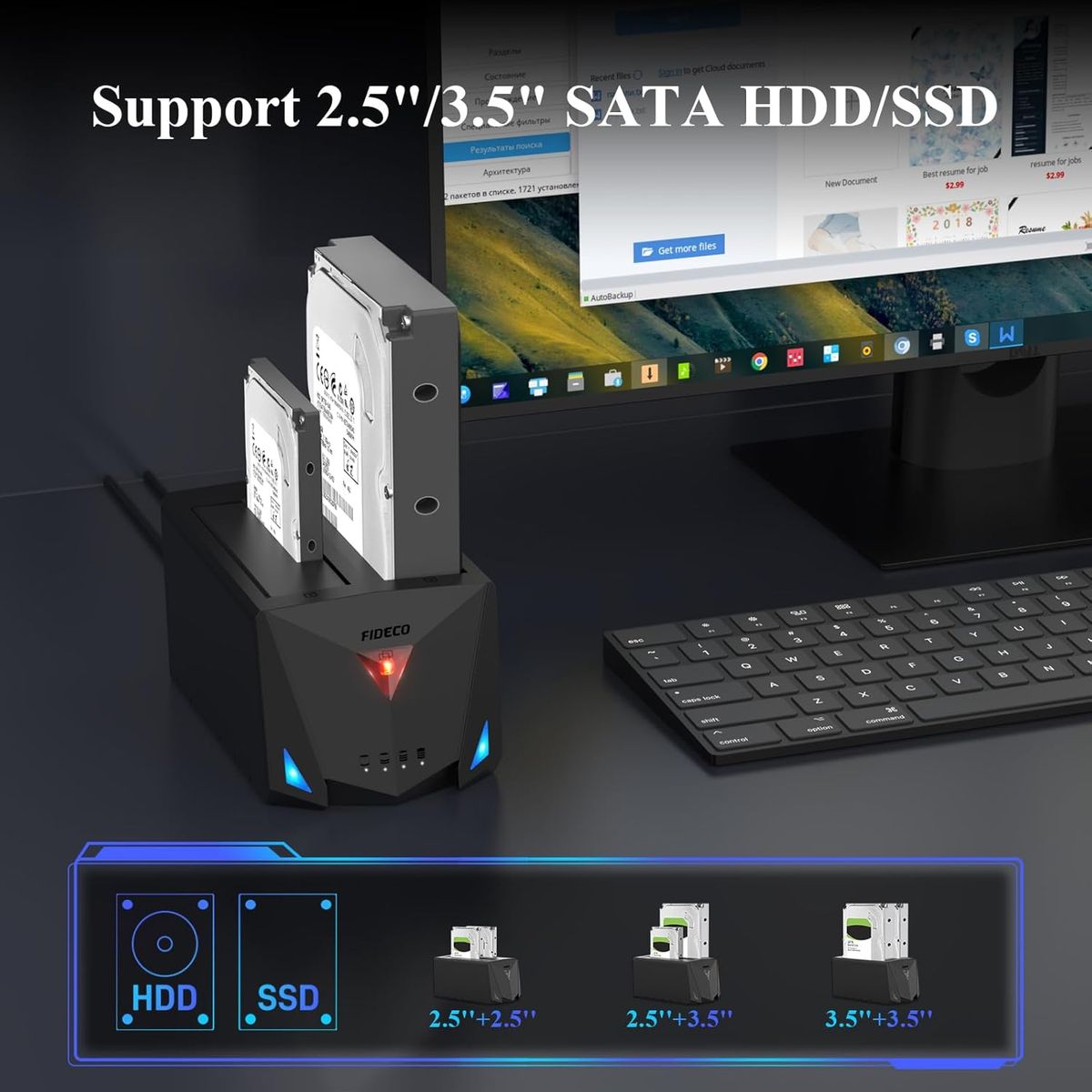 FIDECO YPZ220C 2-Bay Festplatten-Dockingstation, USB 3.2 Gen1 Type-C Anschluss, SATA 2,5 & 3,5 Zoll HDD/SSD, Offline-Klonfunktion, UASP