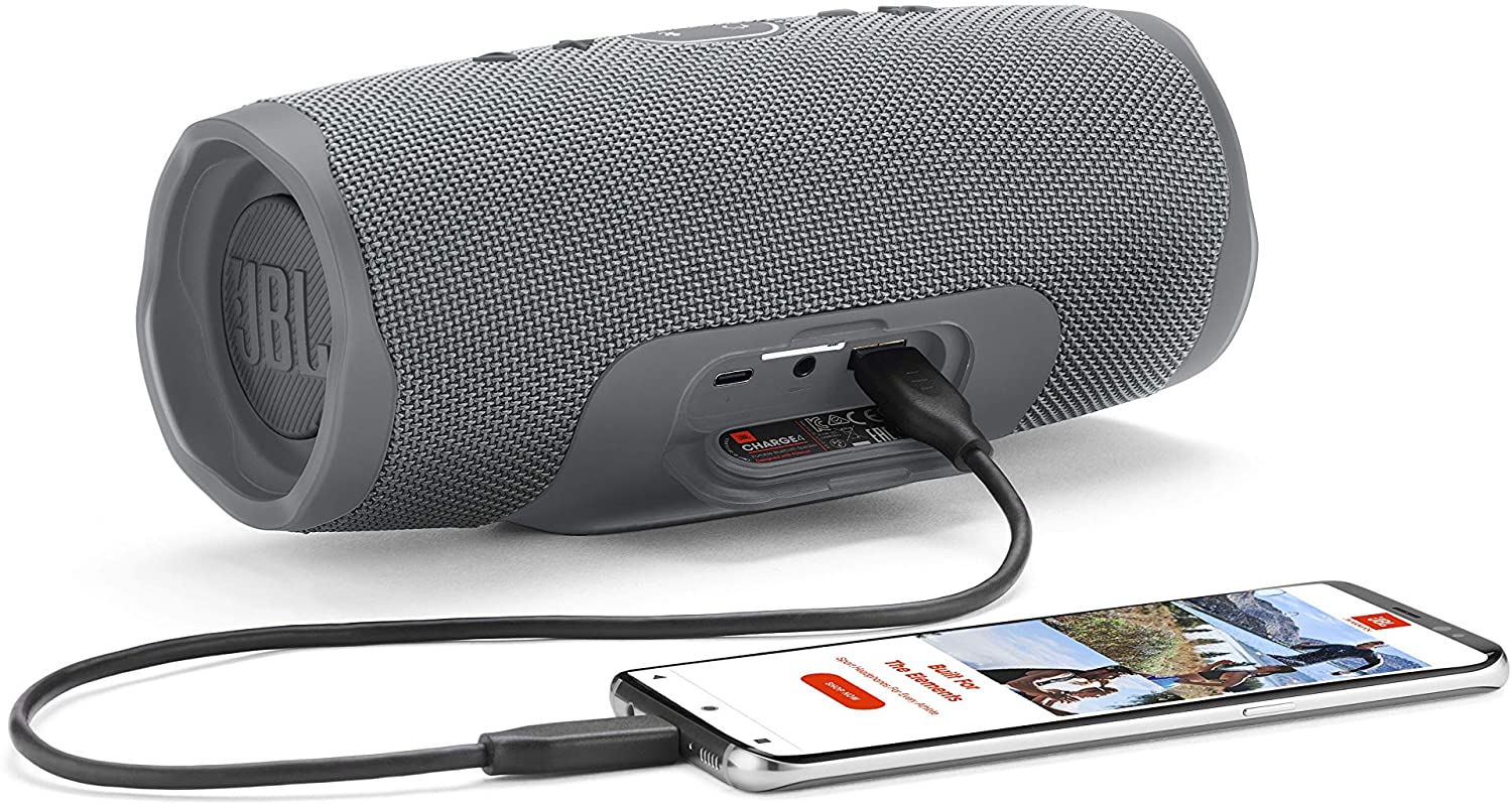 JBL Charge 4 Bluetooth-Lautsprecher in Grau – Wasserfeste, portable Boombox mit integrierter Powerbank – Mit nur einer Akku-Ladung bis zu 20 Stunden kabellos Musik streamen