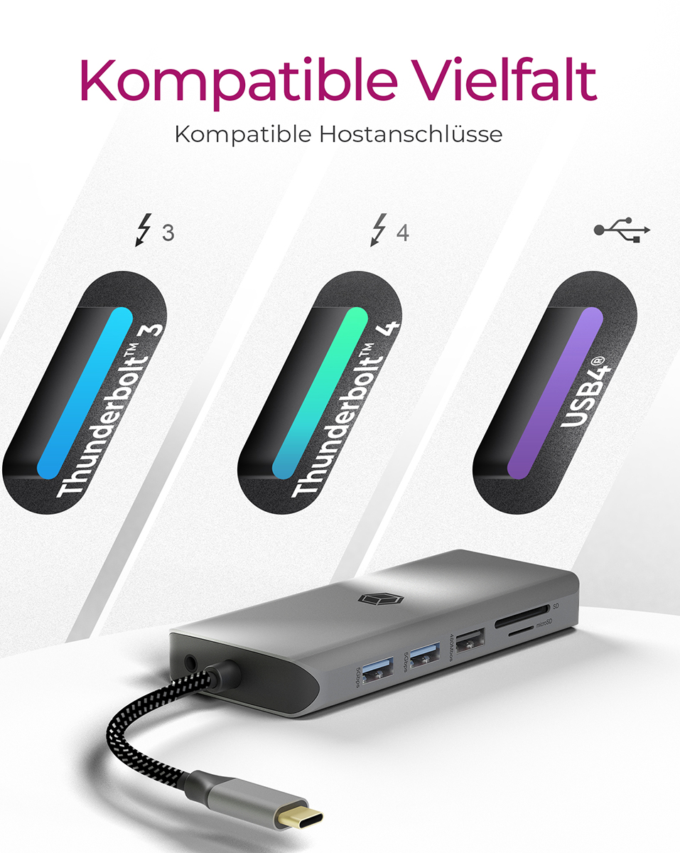 ICY BOX IB-DK4061-CPD 12-in-1 USB Type-C Notebook-Dockingstation, 2x HDMI, DisplayPort Alt Mode 8K/4K, USB PD 100 W, Gbit LAN, SD/microSD, Headset 3,5 mm