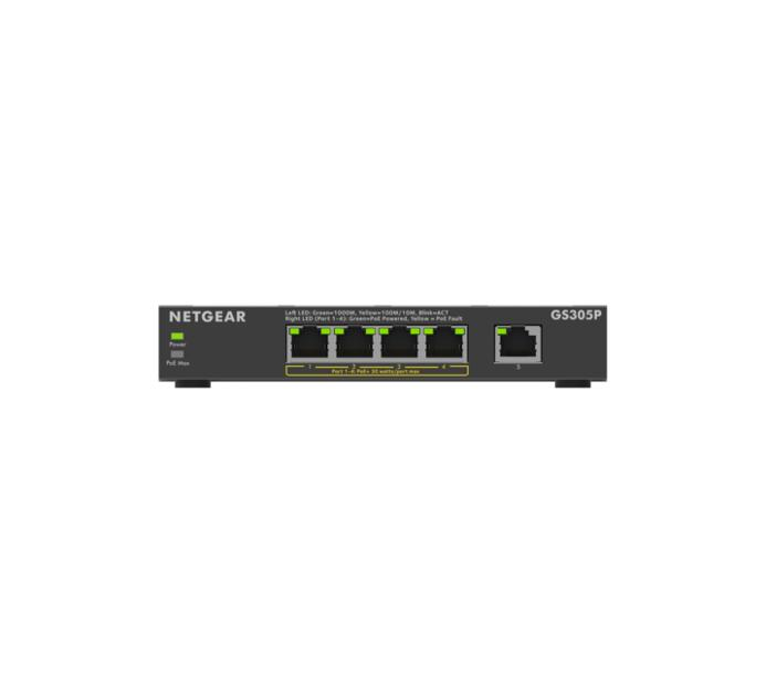 NETGEAR GS305P-300EUS Unmanaged 5-Port Gigabit Ethernet Switch, PoE 63W Gesamt, 30W/Port, Schwarz