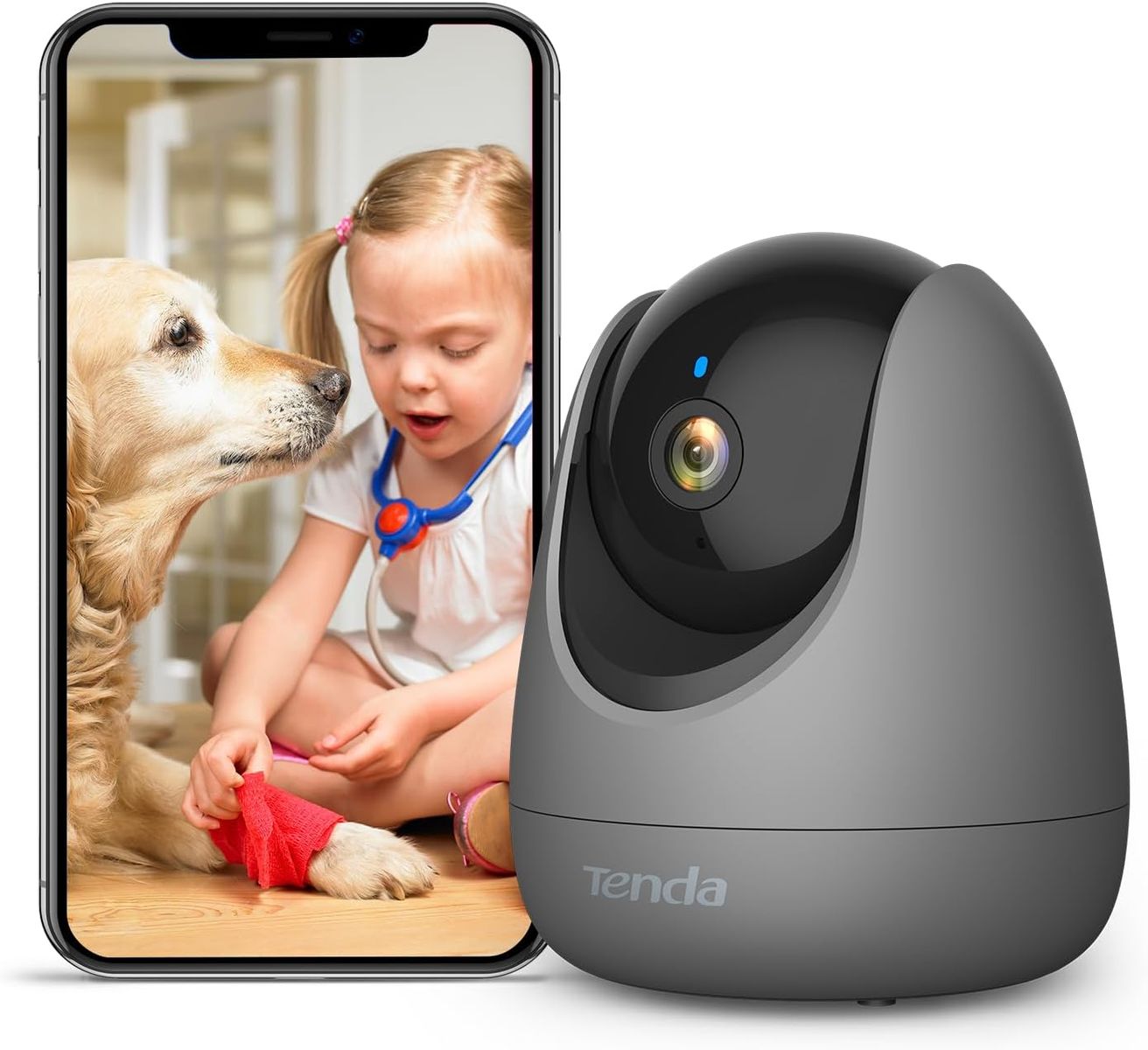 Tenda Überwachungskamera Innen CP3 V2.2, 360 Grad WLAN IP Kamera, 2-Wege-Audio, 1080P, Nachtsicht, Ton & Licht Alarm, Bewegungsverfolgung, Haustierkamera für Hund/Katze, Baby Kamera, Alexa, Grau CP3 Grau