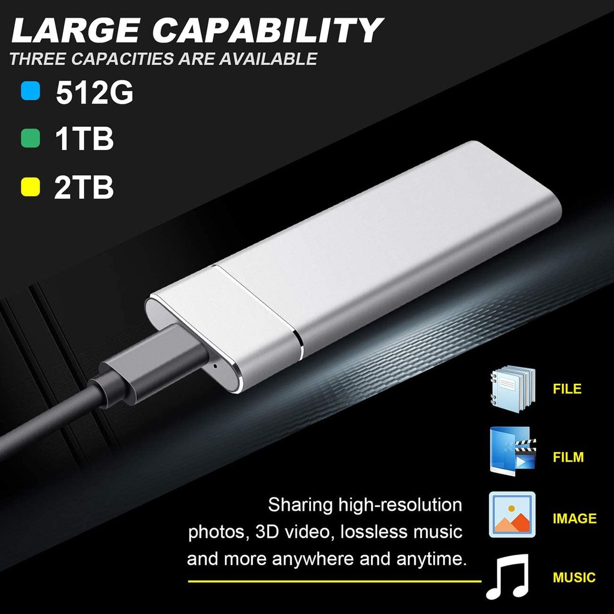 Yagte 2TB USB 3.1 Ultra Slim External Hard Drive for PC, Mac, Xbox and Android with Type C Cable BLACK