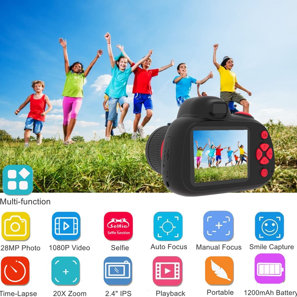 SLR Kinderkamera 1080P HD 28 MP Selfie Kinder Kamera Digital mit Doppelobjektiv, Blitz, AF, MF, 20X Zoom, 1200mAh Akku, 2,4” IPS, 32G Karte inklusive Geburtstagsgeschenk für Jungen Mädchen - Schwarz SLR Black