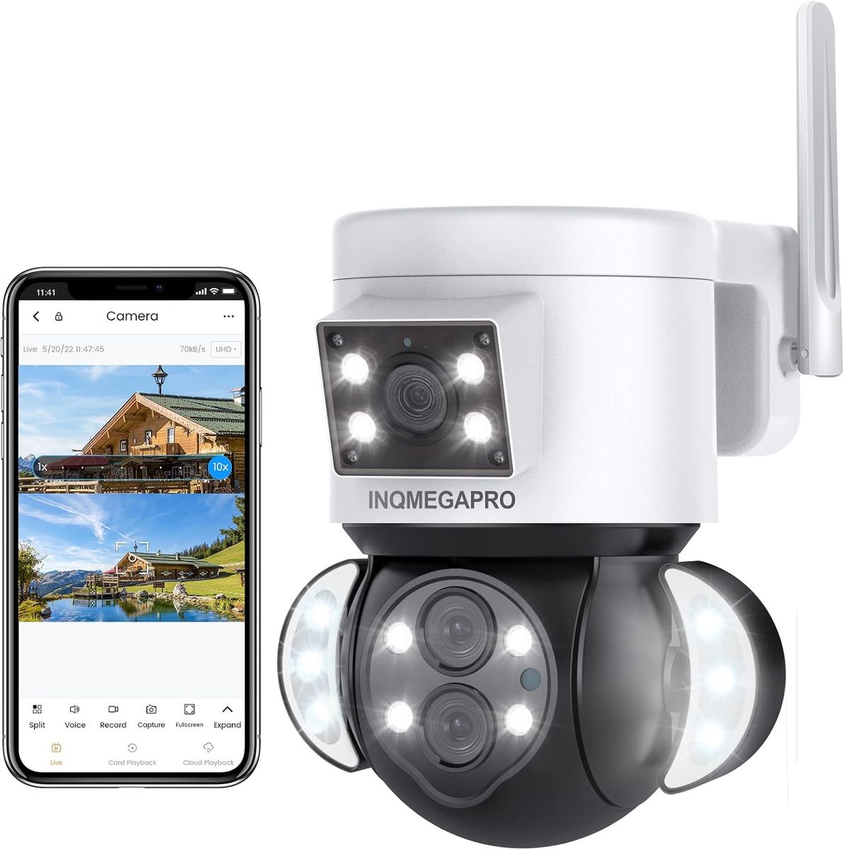 INQMEGAPRO 430-10X PTZ Überwachungskamera Außen 4 MP, Dual-Objektiv, 2.4 GHz WLAN, 6x optischer Zoom, Farbnachtsicht, Auto-Tracking, 2-Wege-Audio, SD/Cloud