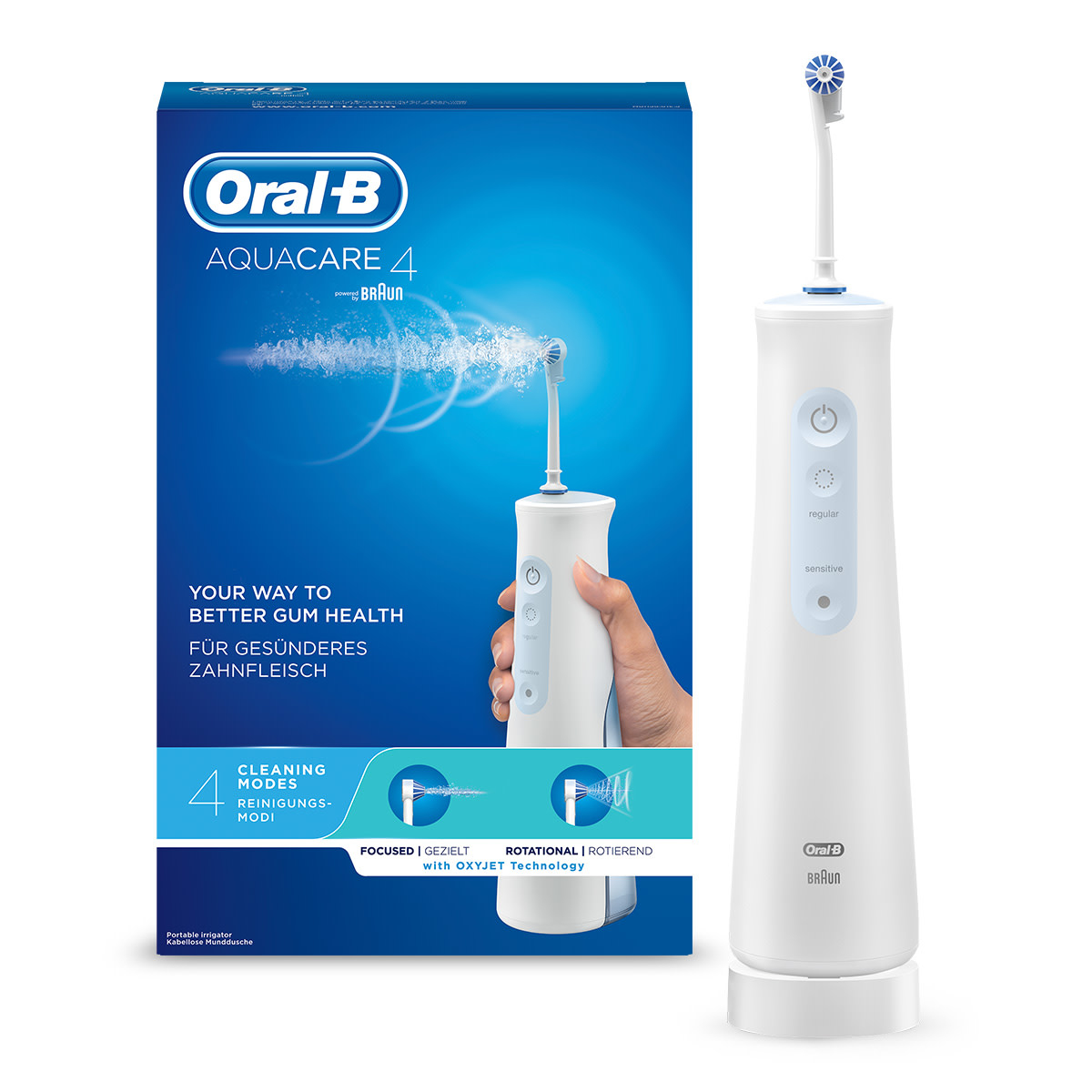 Oral-B AquaCare 4 oral irrigator, interdental cleaner with 4 cleaning modes for gentle dental care and healthy gums, Designed by Braun, white/blue White Single