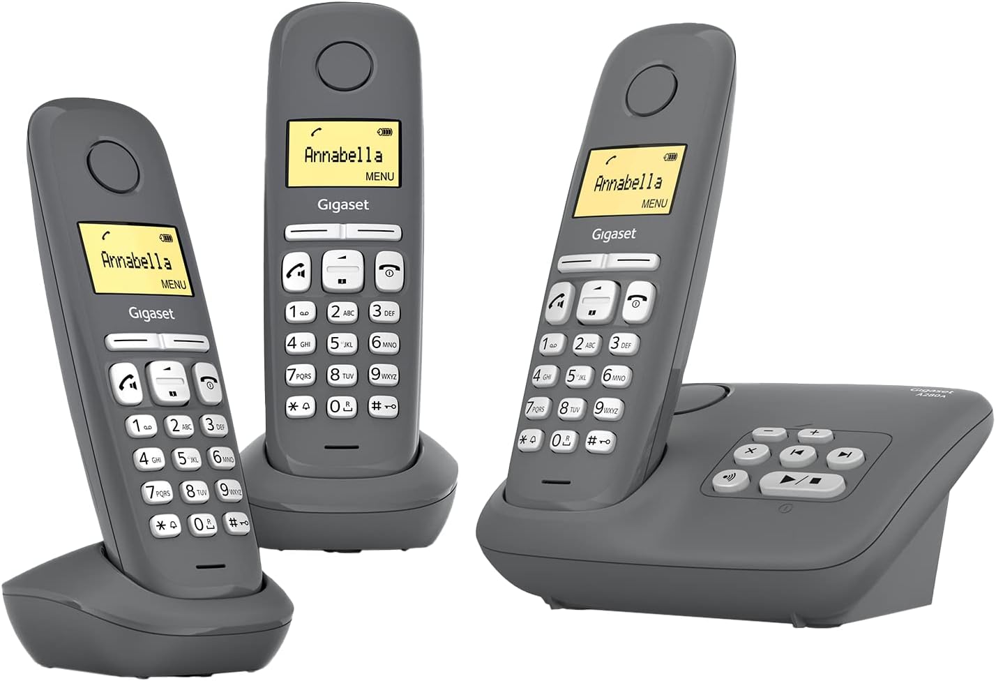 Gigaset A280A Trio - 3 Schnurlose DECT-Telefone mit Anrufbeantworter - brillante Audioqualität auch beim Freisprechen - intuitive, symbolbasierte Menüführung - Kurzwahltasten, dunkelgrau