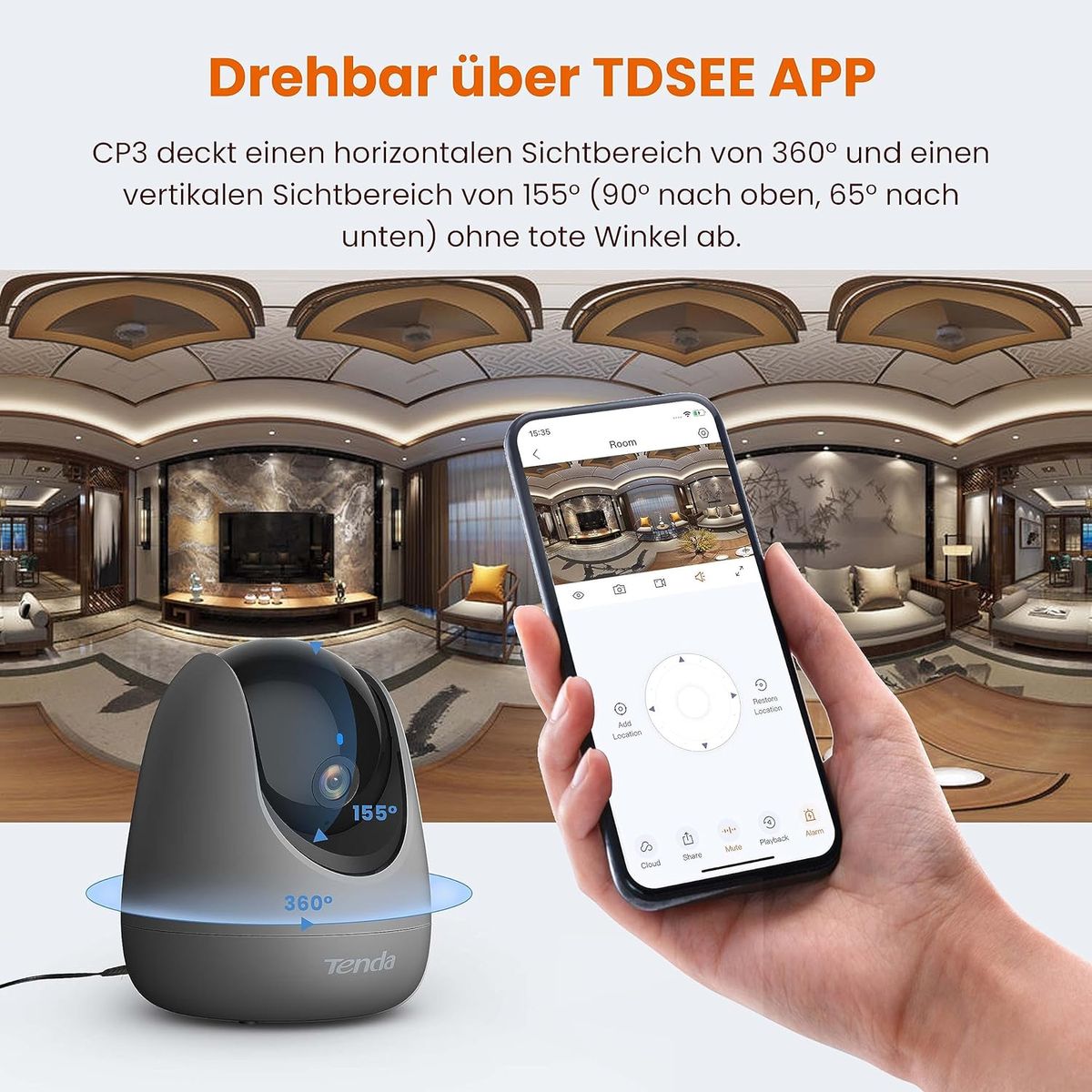 Tenda Überwachungskamera Innen CP3 V2.2, 360 Grad WLAN IP Kamera, 2-Wege-Audio, 1080P, Nachtsicht, Ton & Licht Alarm, Bewegungsverfolgung, Haustierkamera für Hund/Katze, Baby Kamera, Alexa, Grau CP3 Grau