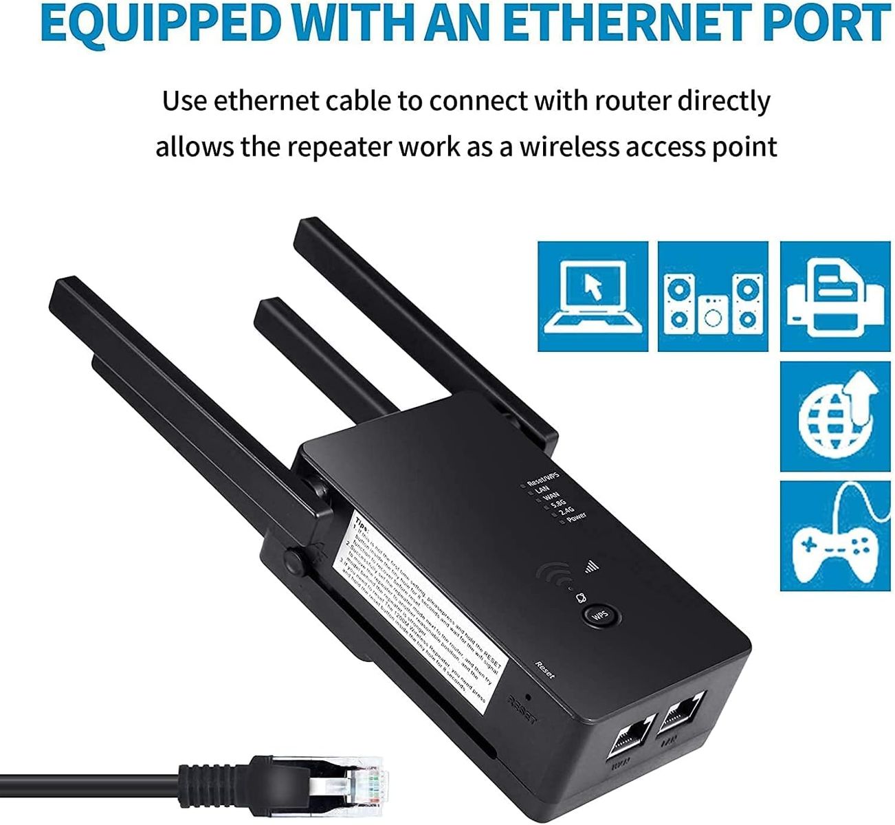 Glxertvz WLAN Repeater WLAN Verstärker 1200Mbit/s Dualband 2,4GHz+5GHz WiFi Booster mit Repeater/Router/Access Point Modus,4 Antenne,Einfache Einrichtung,WiFi Range Extender Mit LAN/WAN Port