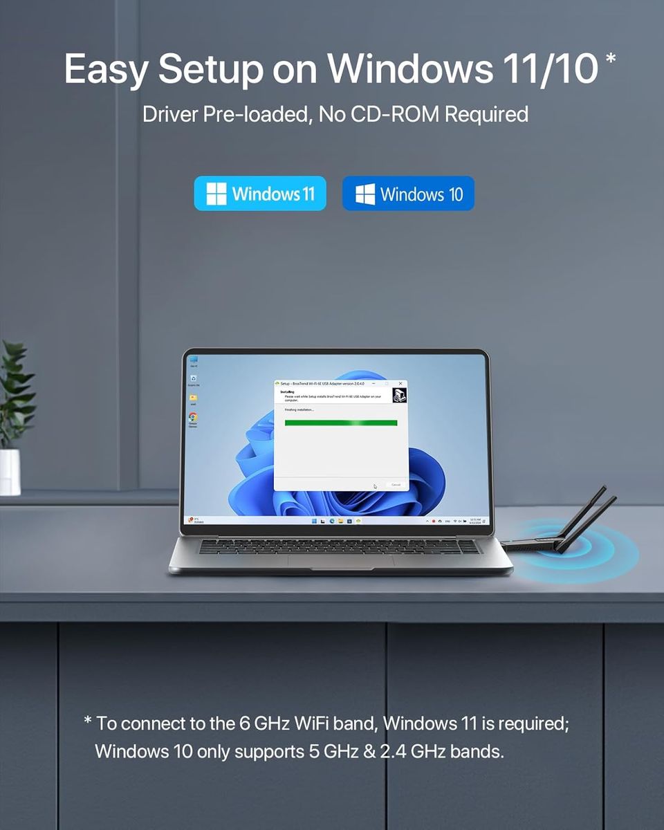 BrosTrend AX8 AXE5400 WiFi 6E USB-WLAN-Adapter für PC, Tri-Band 6/5/2,4 GHz, 5400 Mbit/s, High-Gain-Antennen, WPA3, MU-MIMO, OFDMA, USB 3.0, Nur Windows 11/10