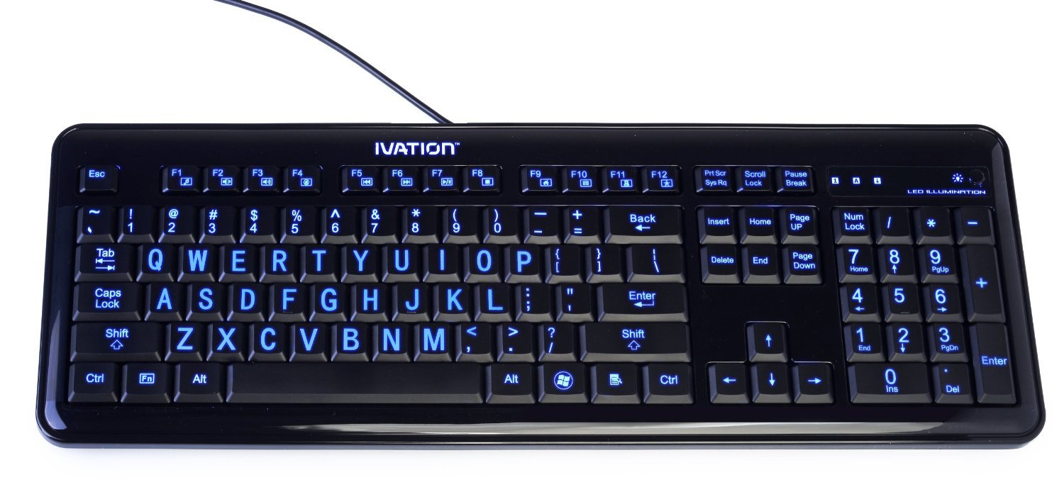 Ivation Letter Illuminated Large Print Full Size Multimedia Computer Keyboard - Gentle Crisp & Clear Blue LED Lights Illuminate Each Key (UK Layout - QWERTY)
