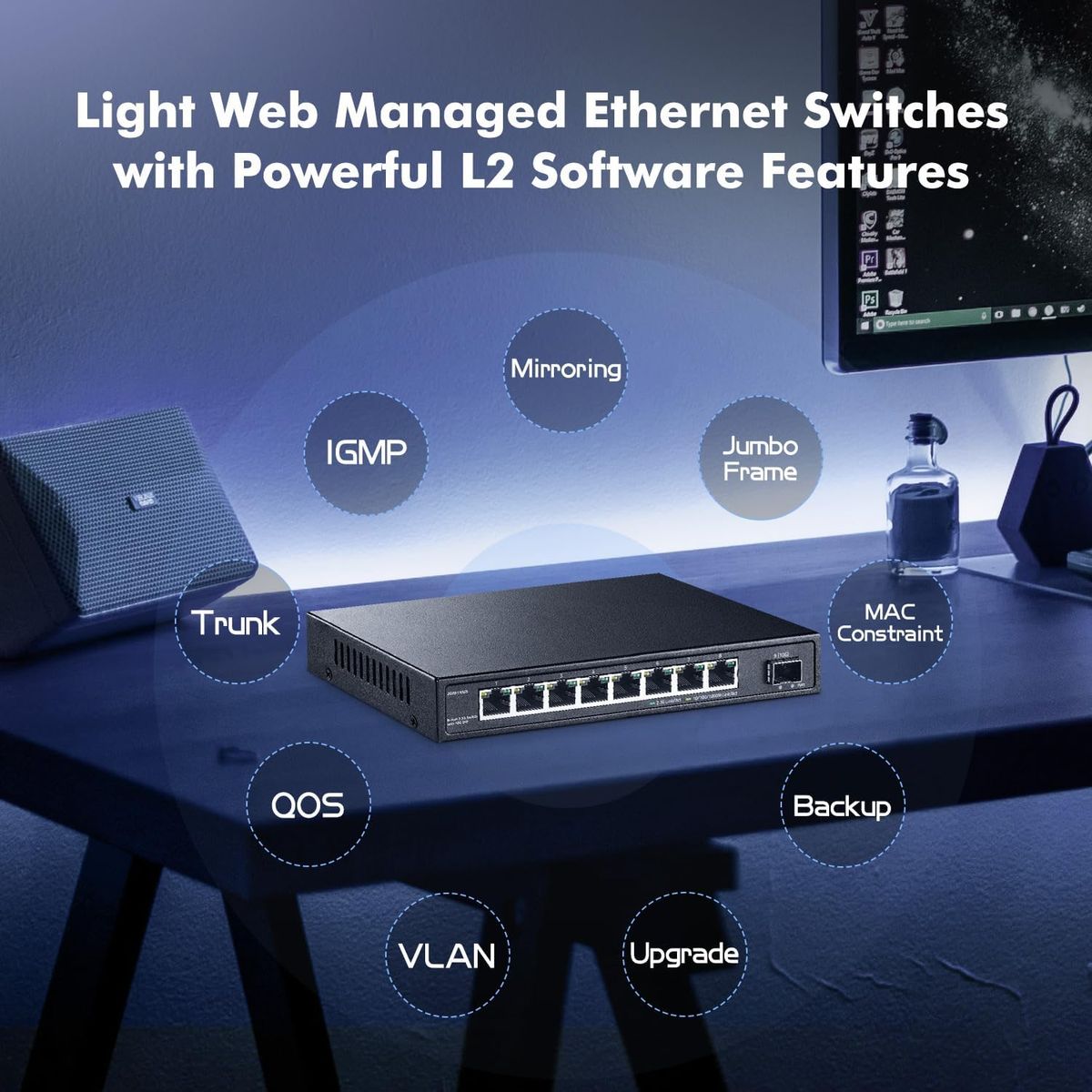 YuLinca 2G09110GSM 8x2,5G +1x10G SFP+ Managed Switch, LACP/QoS/VLAN, lüfterloses Metallgehäuse, Web-GUI, EU