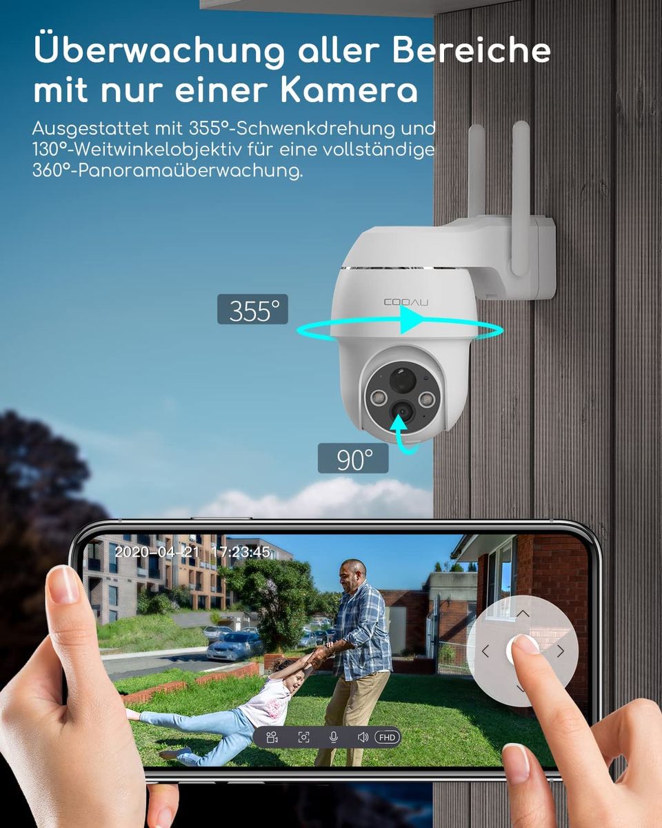 COOAU 2K Überwachungskamera Aussen Akku, 355°/90° Schwenkbar, Kabellose WLAN IP Kamera Outdoor mit Nachtsicht in Farbe, Personen-/Bewegungserkennung, IP66 Wasserdicht, Cloud-Speicher 3MP - Weiß